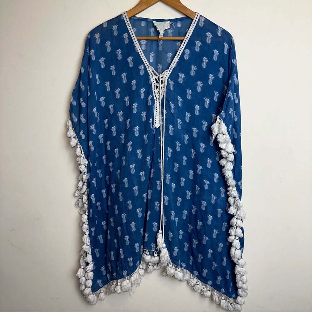Z&L Europe Size S/M Pineapple Print Caftan Swim Cover-Up Blue White Tassels Boho